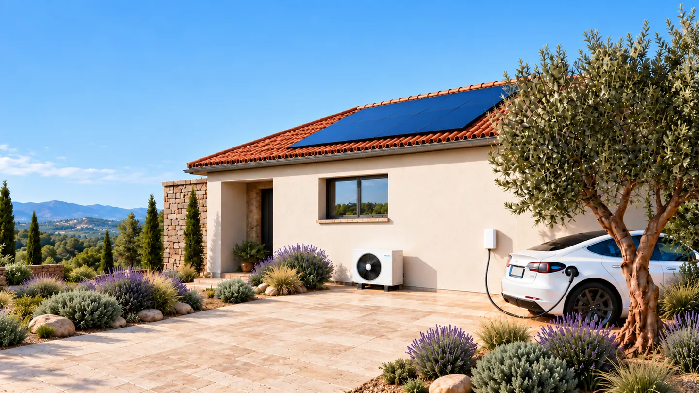 Maison équipée de panneaux solaires, d’une pompe à chaleur et d’une borne de recharge pour véhicule électrique