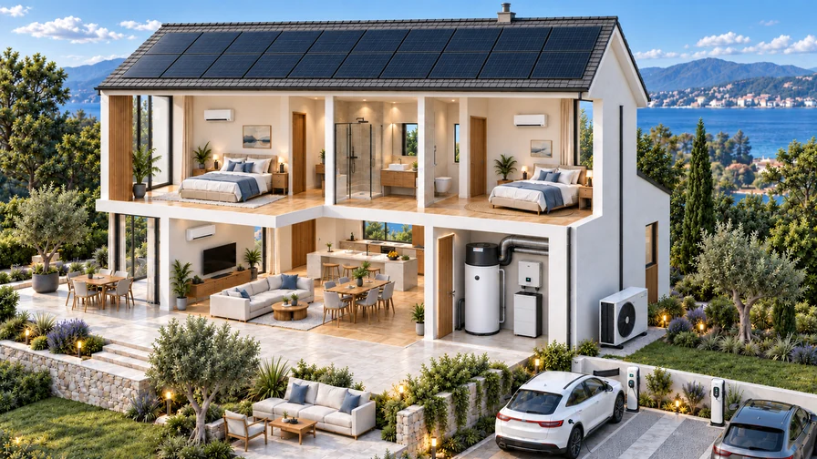 Illustration d’une maison en coupe avec panneaux photovoltaïques, climatisation, pompe à chaleur, stockage d’énergie et bornes de recharge