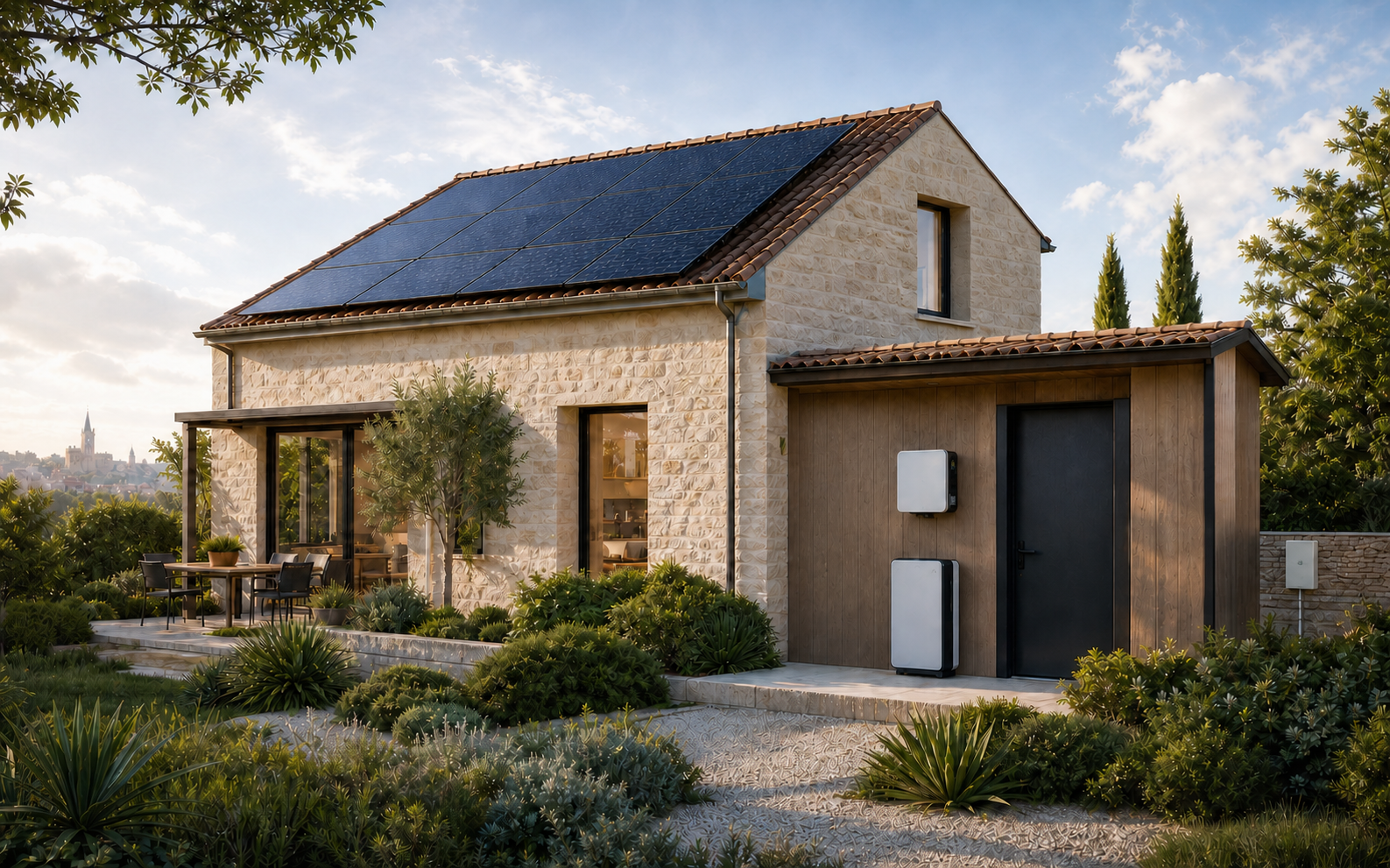 Maison en pierre équipée de panneaux photovoltaïques, d’un onduleur et d’une batterie