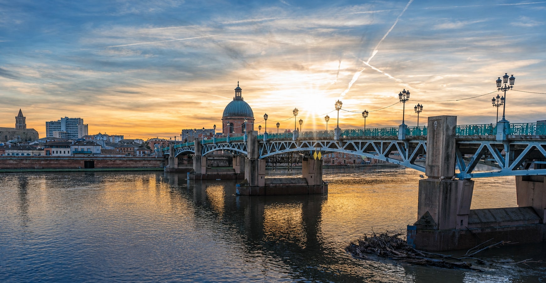 Vue de Toulouse, du dôme de La Grave et d’un pont sur la Garonne au coucher du soleil